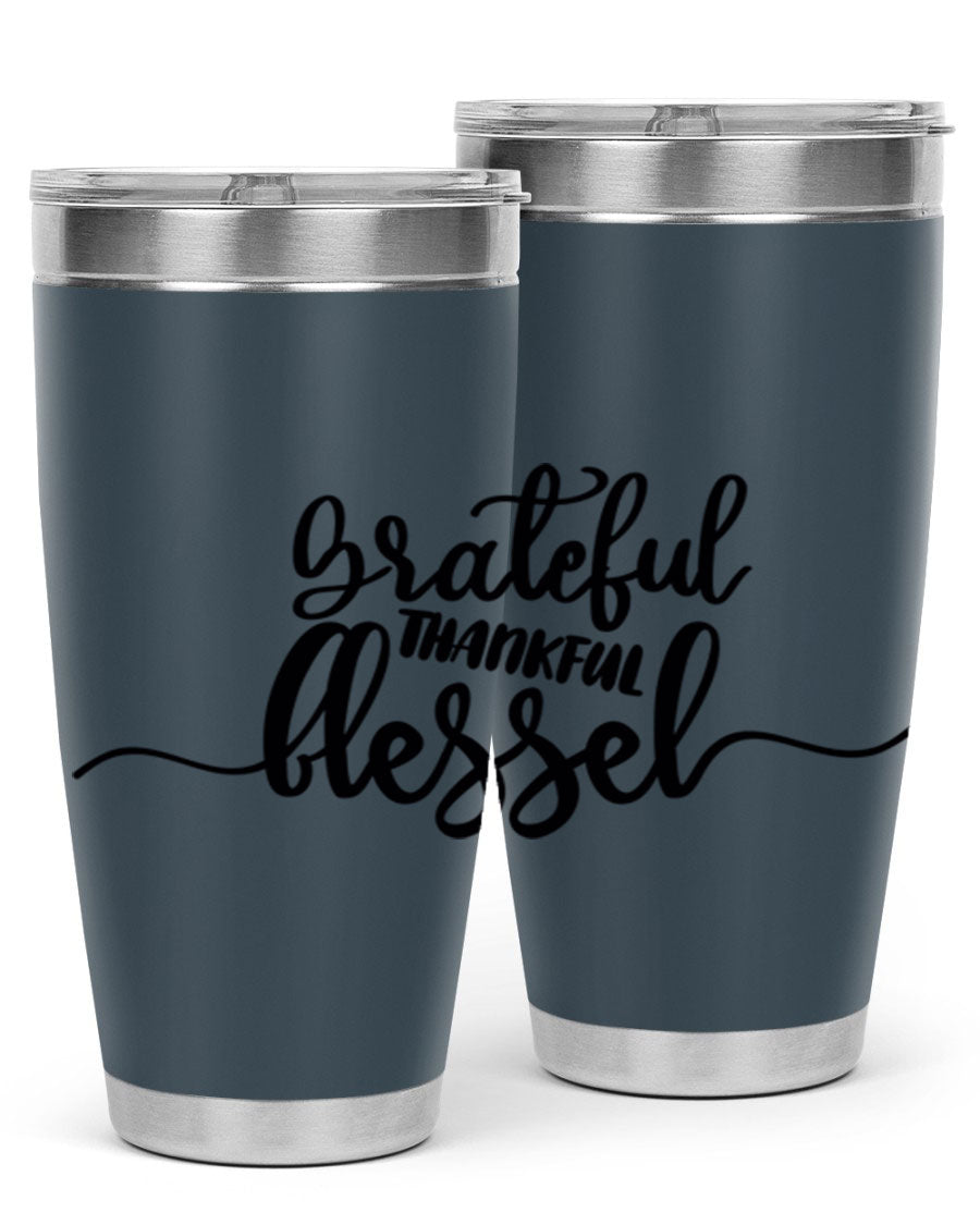 Grateful Thankful Blessed 20oz Tumbler featuring double wall vacuum stainless steel design with a press-in lid, ideal for hot and cold beverages.
