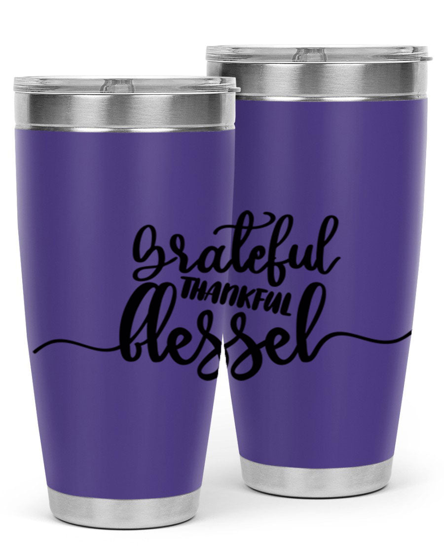 Grateful Thankful Blessed 20oz Tumbler featuring double wall vacuum stainless steel design with a press-in lid, ideal for hot and cold beverages.