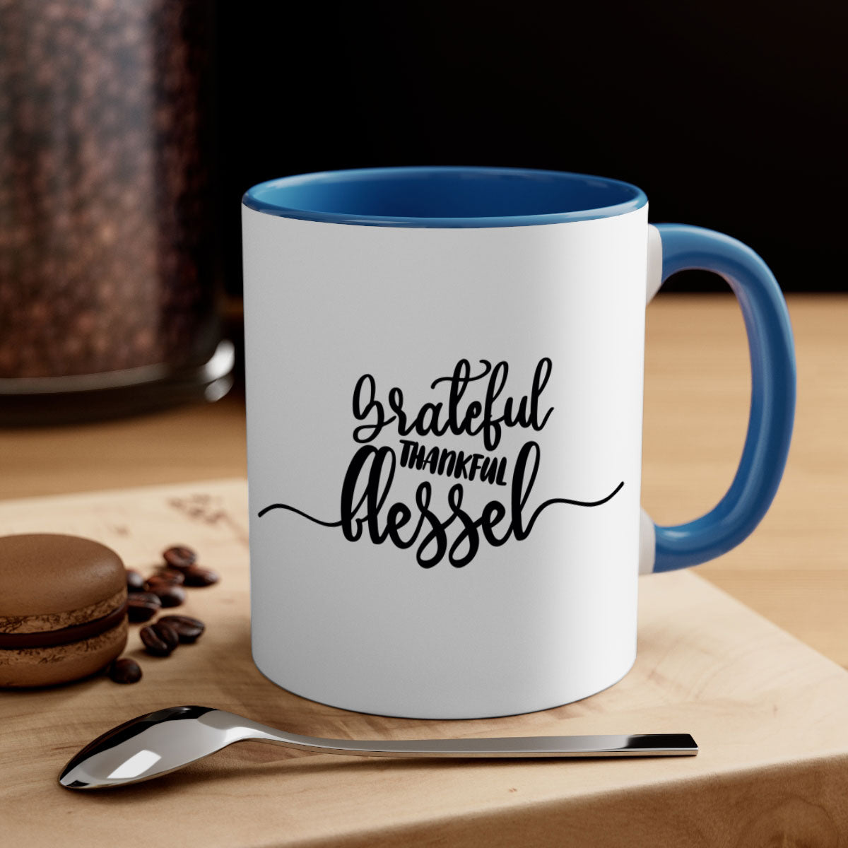 Grateful Thankful Blessed Mug with a glossy finish and colored handle, available in multiple colors and sizes.