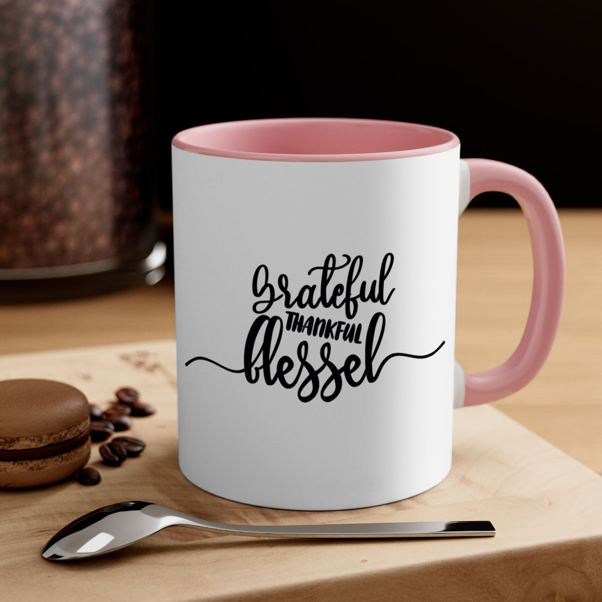 Grateful Thankful Blessed Mug with a glossy finish and colored handle, available in multiple colors and sizes.