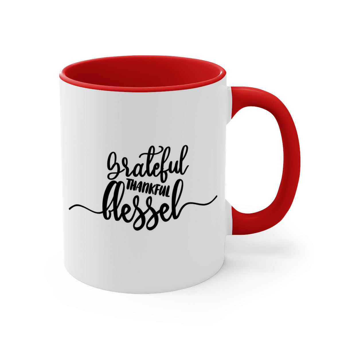 Grateful Thankful Blessed Mug with a glossy finish and colored handle, available in multiple colors and sizes.