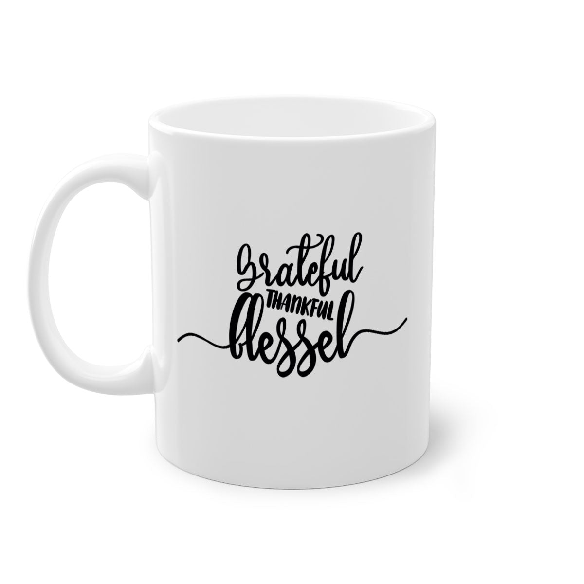 Grateful Thankful Blessed Mug with a glossy finish and colored handle, available in multiple colors and sizes.