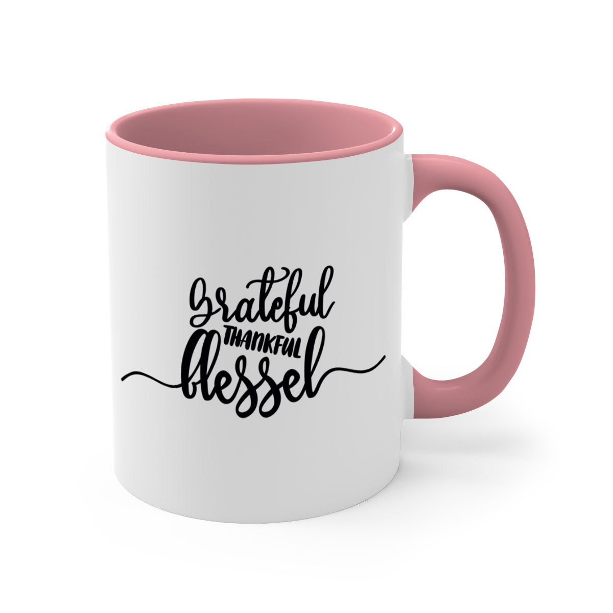 Grateful Thankful Blessed Mug with a glossy finish and colored handle, available in multiple colors and sizes.