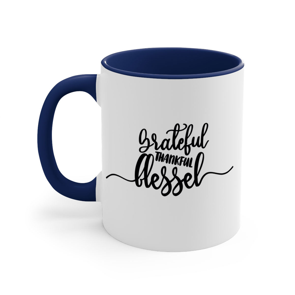 Grateful Thankful Blessed Mug with a glossy finish and colored handle, available in multiple colors and sizes.
