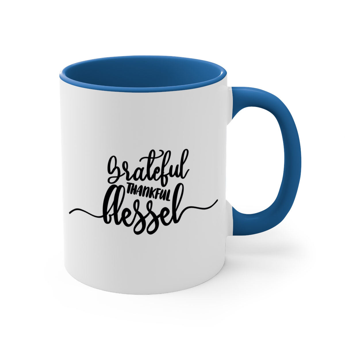 Grateful Thankful Blessed Mug with a glossy finish and colored handle, available in multiple colors and sizes.