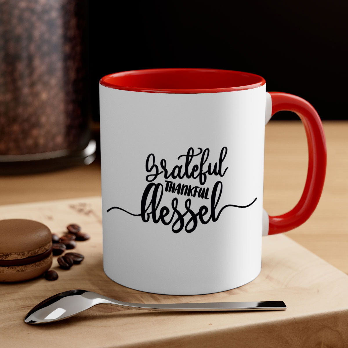 Grateful Thankful Blessed Mug with a glossy finish and colored handle, available in multiple colors and sizes.