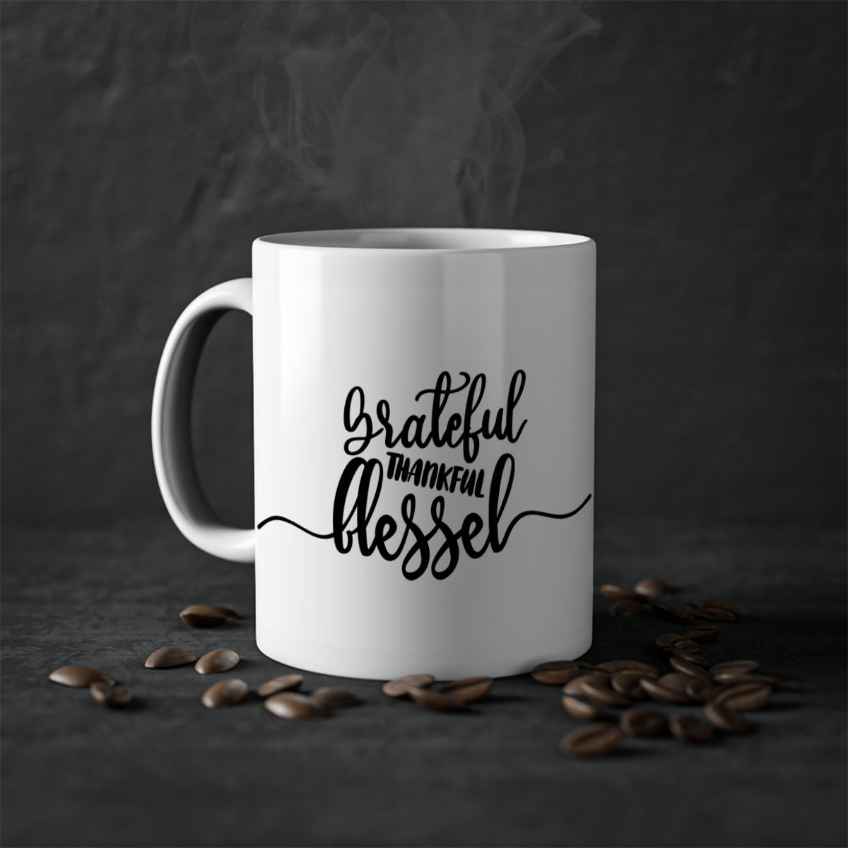 Grateful Thankful Blessed Mug with a glossy finish and colored handle, available in multiple colors and sizes.