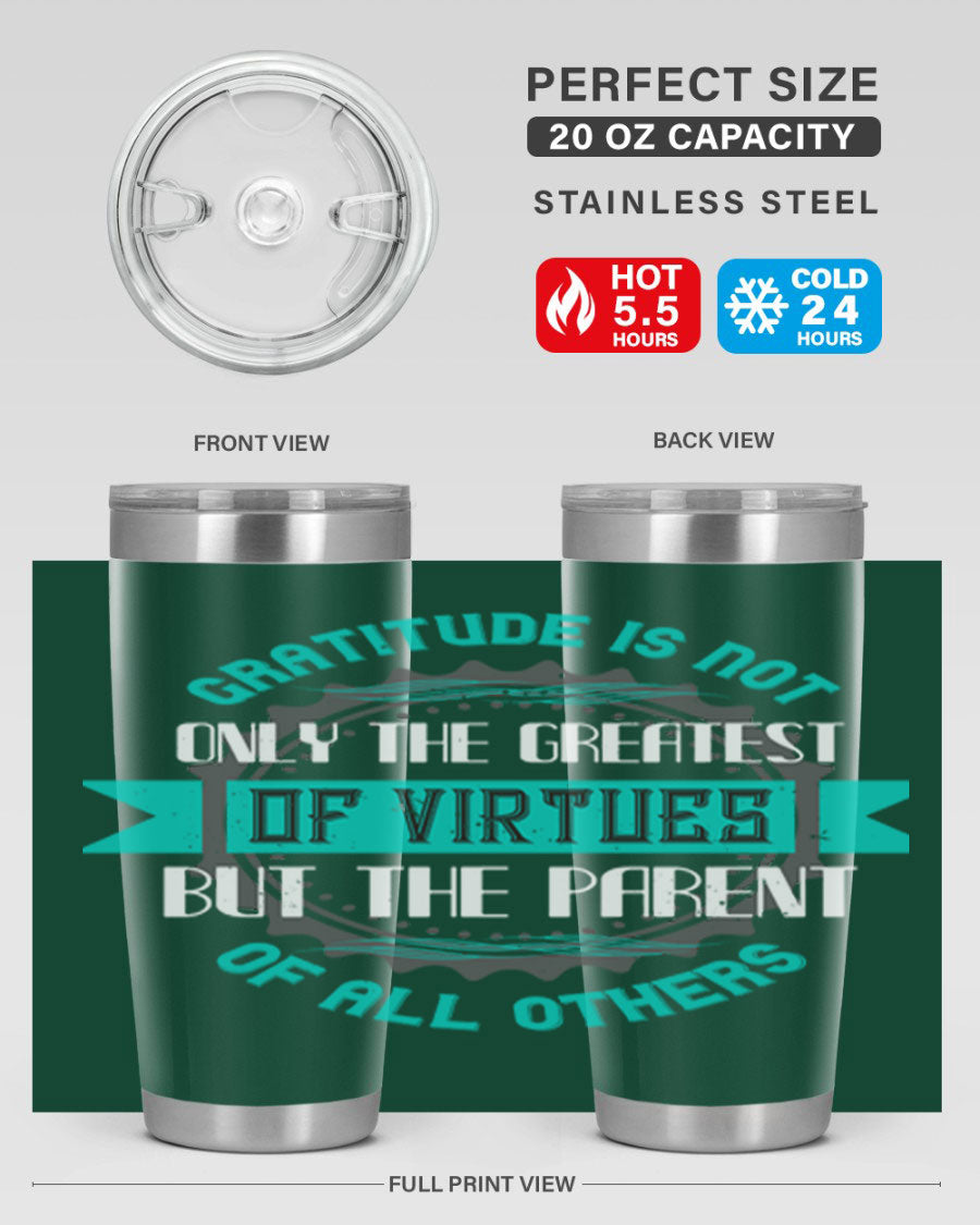 A stylish 20oz stainless steel tumbler with a gratitude quote, featuring a double wall vacuum design and a drink-thru lid.