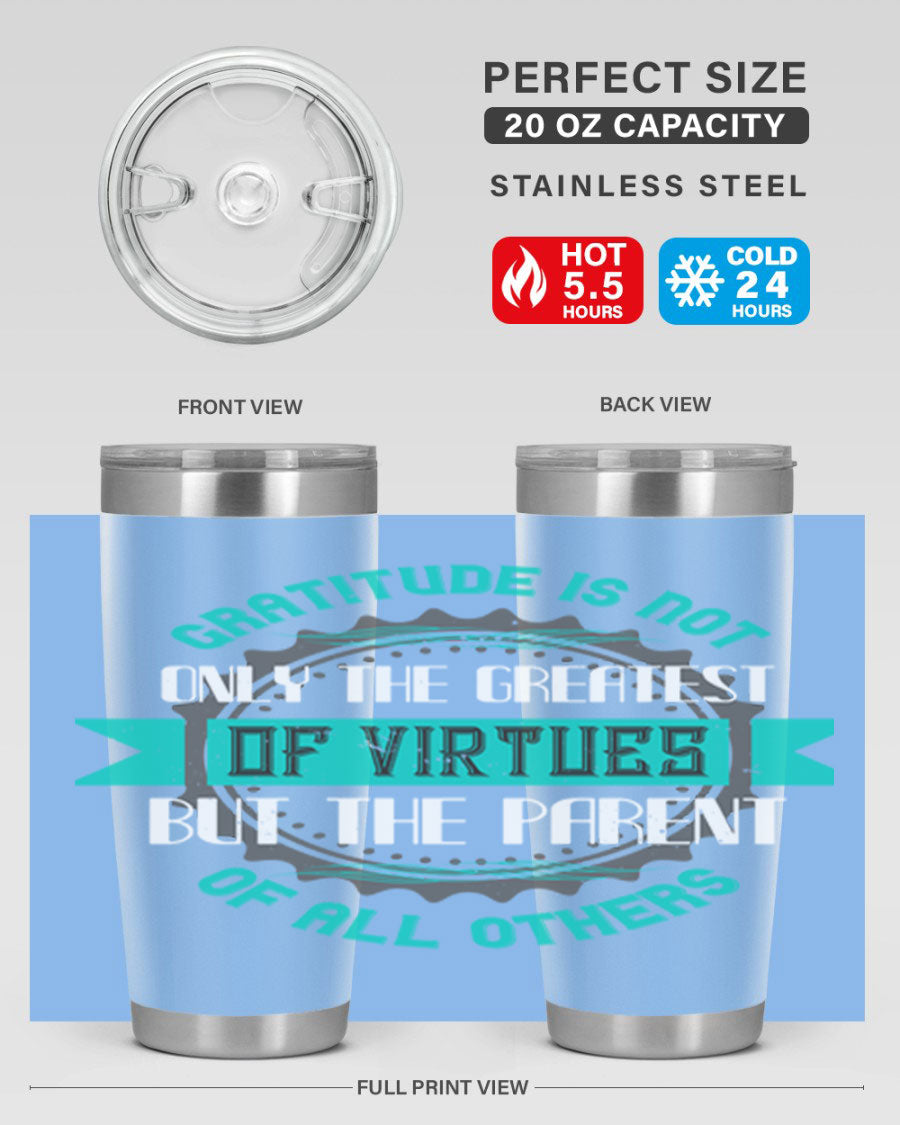 A stylish 20oz stainless steel tumbler with a gratitude quote, featuring a double wall vacuum design and a drink-thru lid.
