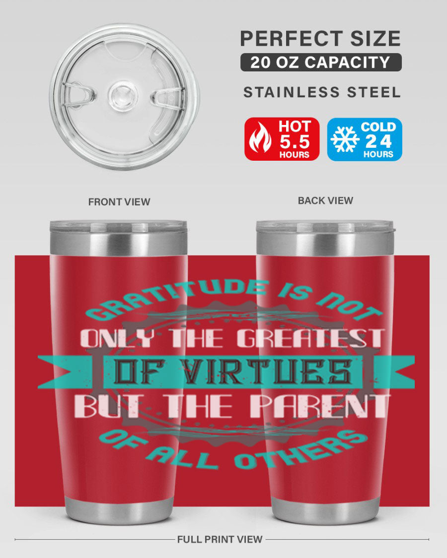 A stylish 20oz stainless steel tumbler with a gratitude quote, featuring a double wall vacuum design and a drink-thru lid.