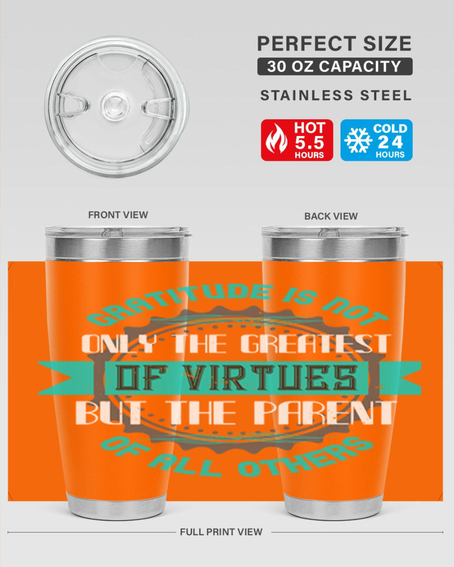 A stylish 20oz stainless steel tumbler with a gratitude quote, featuring a double wall vacuum design and a drink-thru lid.