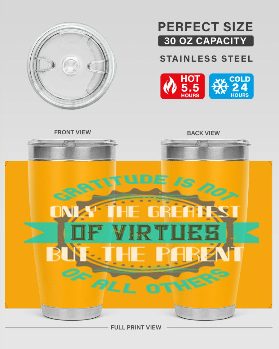 A stylish 20oz stainless steel tumbler with a gratitude quote, featuring a double wall vacuum design and a drink-thru lid.