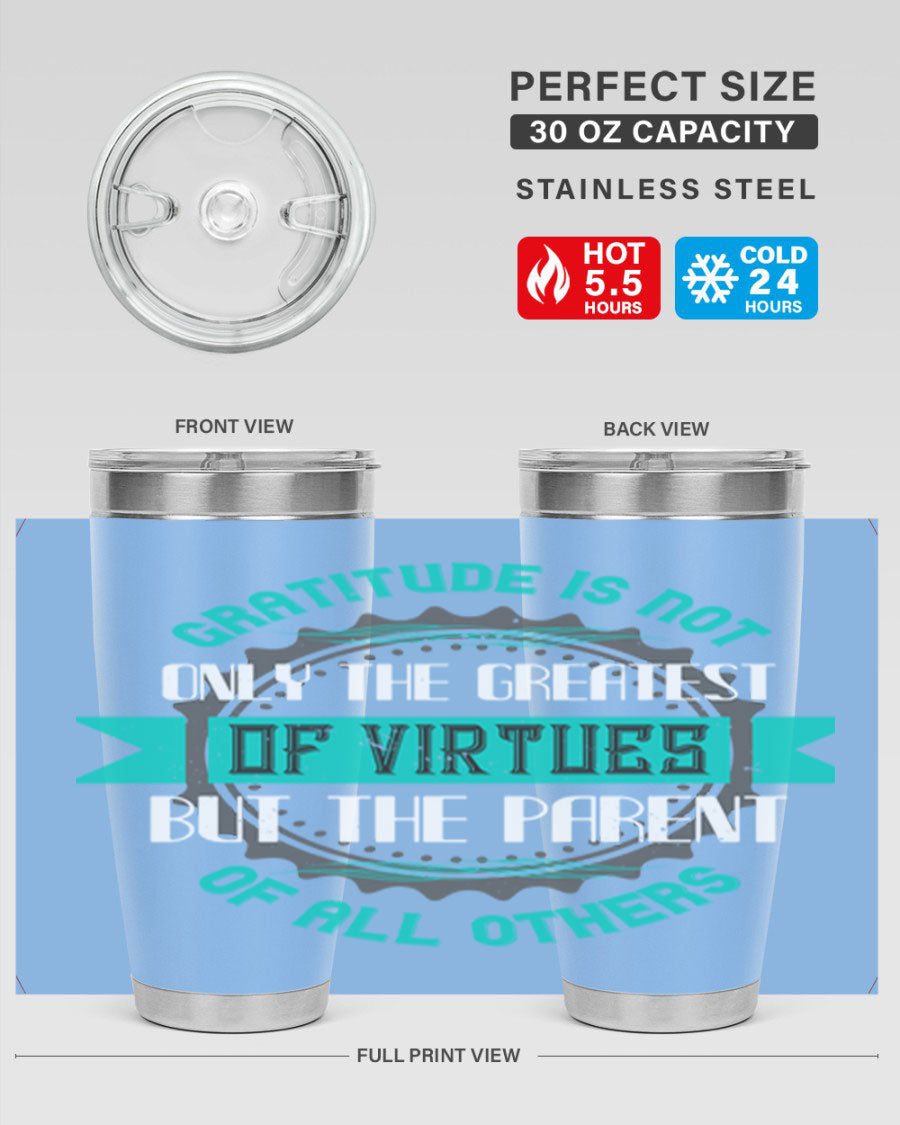 A stylish 20oz stainless steel tumbler with a gratitude quote, featuring a double wall vacuum design and a drink-thru lid.