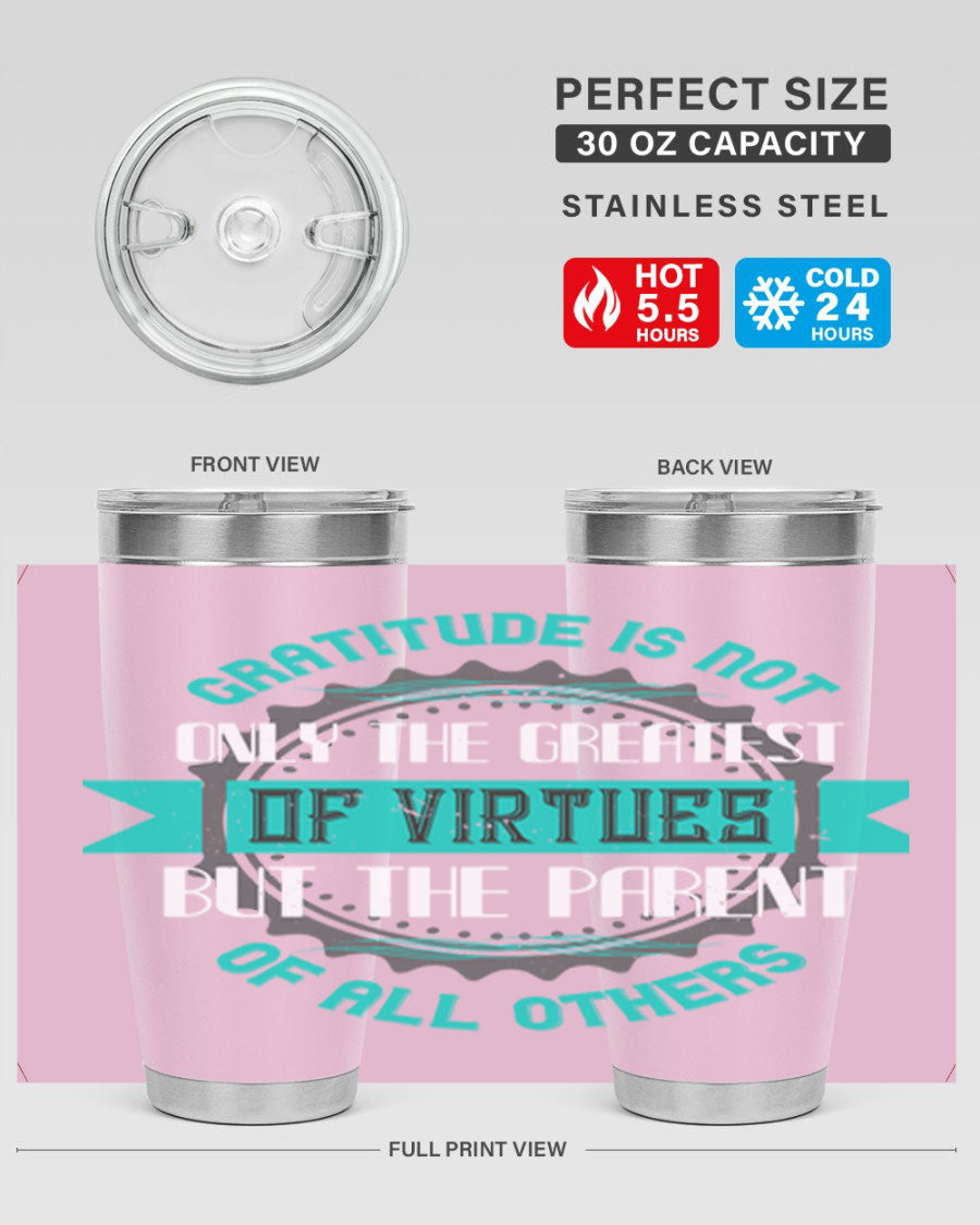 A stylish 20oz stainless steel tumbler with a gratitude quote, featuring a double wall vacuum design and a drink-thru lid.