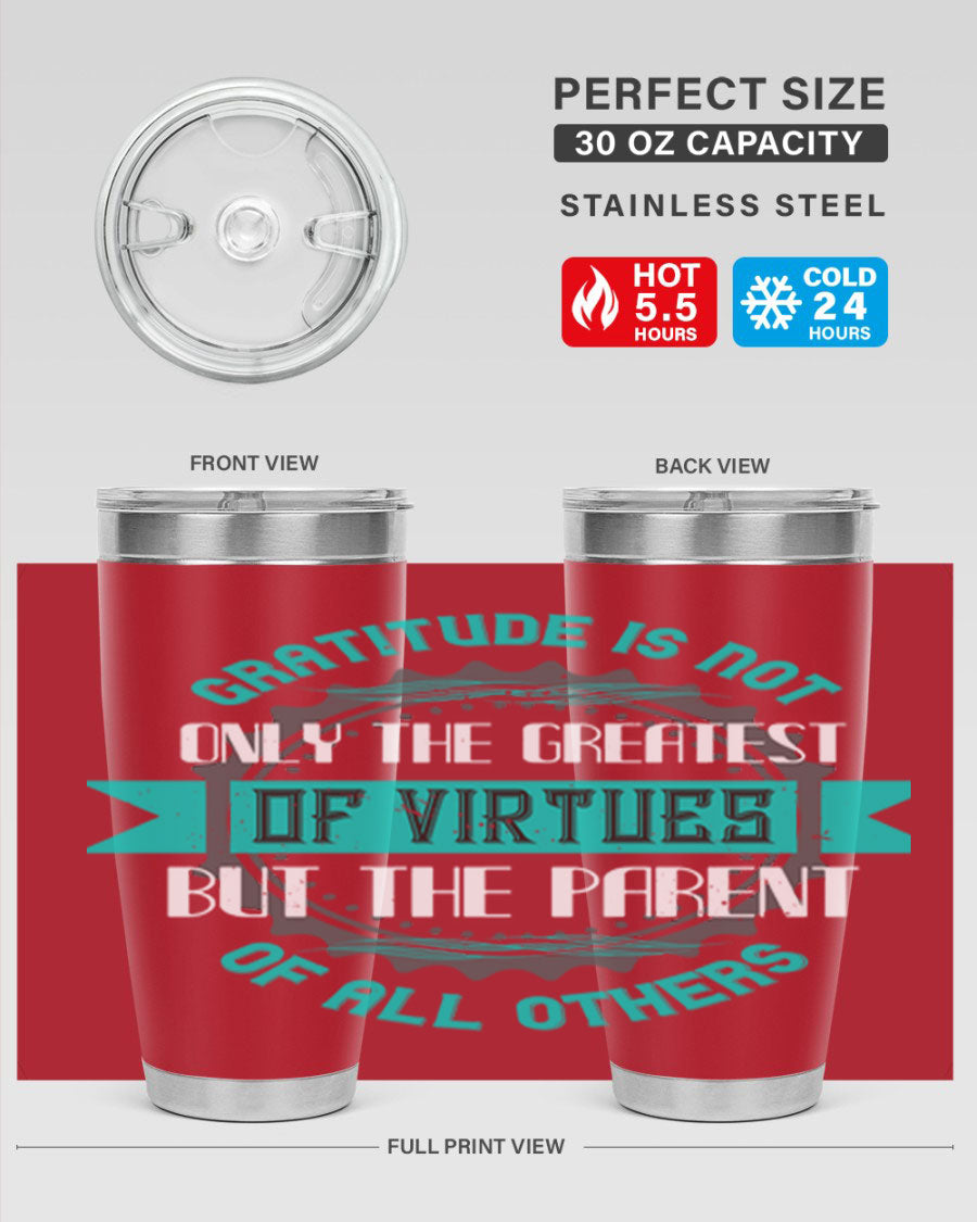 A stylish 20oz stainless steel tumbler with a gratitude quote, featuring a double wall vacuum design and a drink-thru lid.