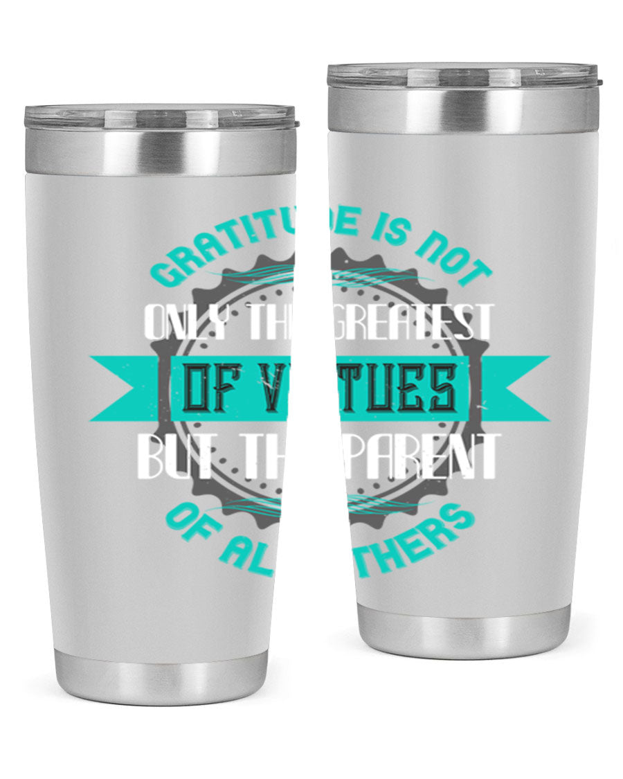 A stylish 20oz stainless steel tumbler with a gratitude quote, featuring a double wall vacuum design and a drink-thru lid.