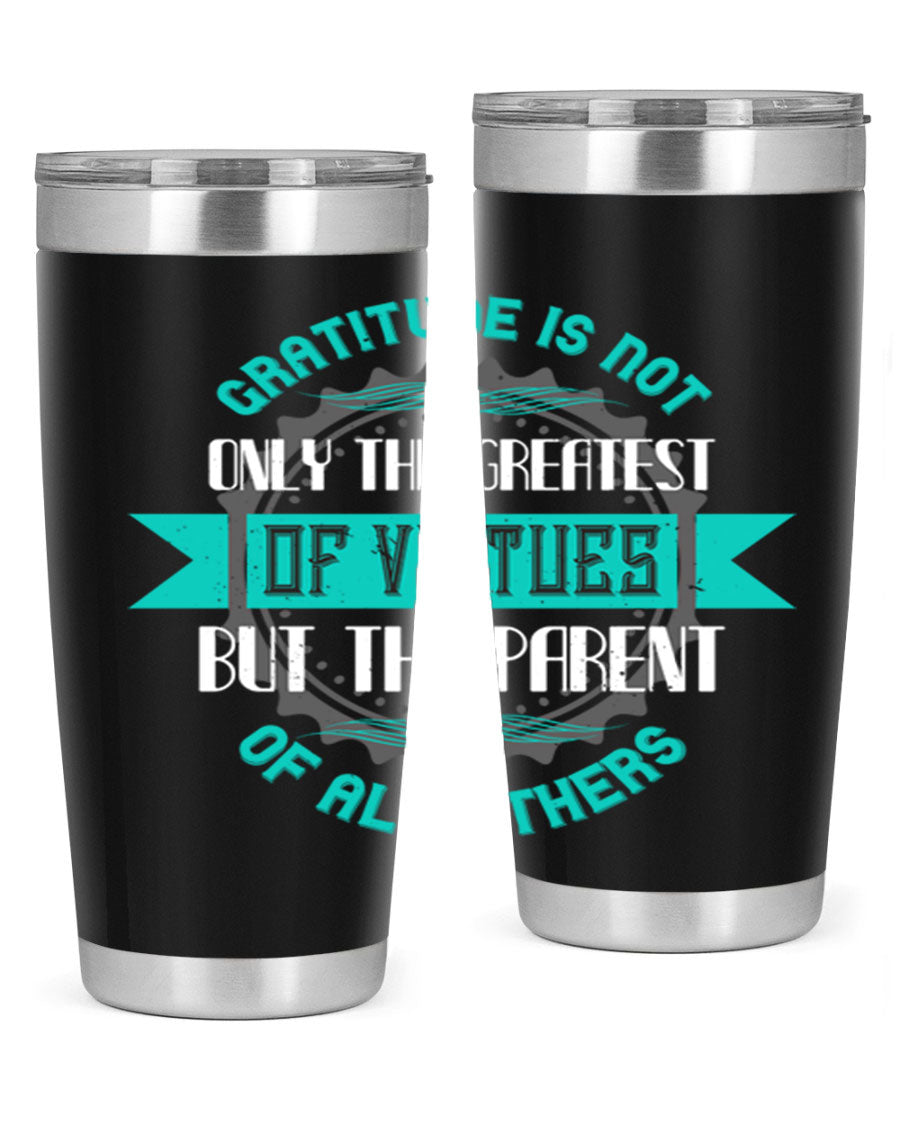 A stylish 20oz stainless steel tumbler with a gratitude quote, featuring a double wall vacuum design and a drink-thru lid.