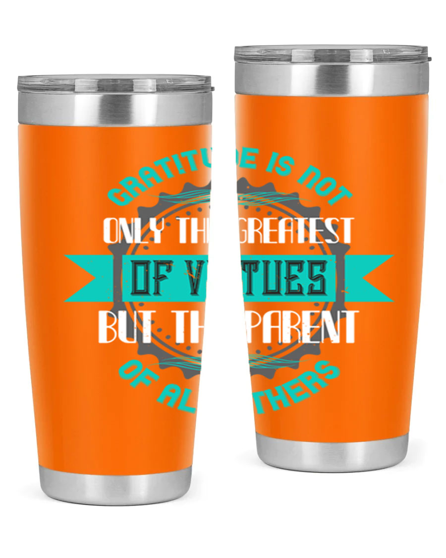 A stylish 20oz stainless steel tumbler with a gratitude quote, featuring a double wall vacuum design and a drink-thru lid.