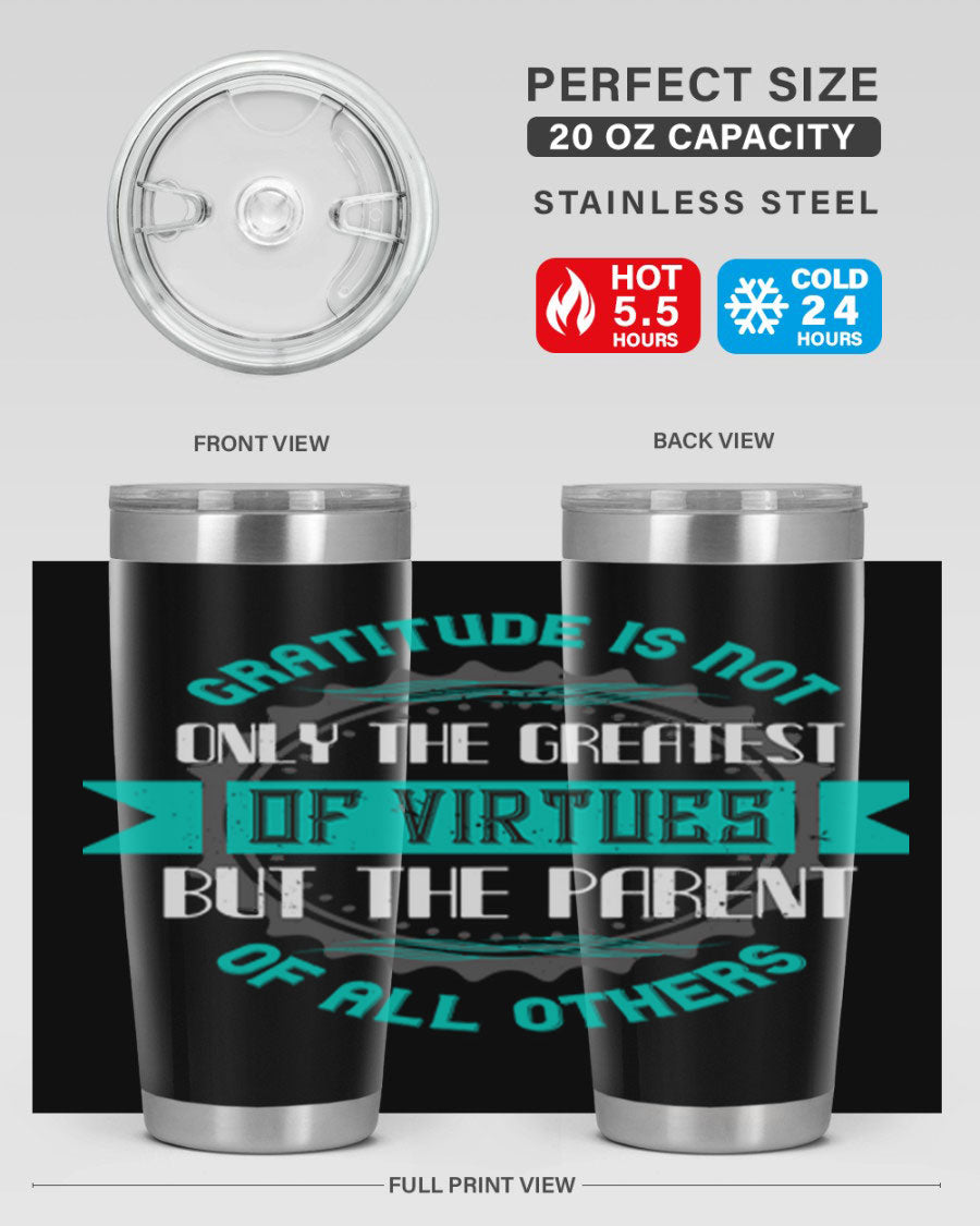 A stylish 20oz stainless steel tumbler with a gratitude quote, featuring a double wall vacuum design and a drink-thru lid.