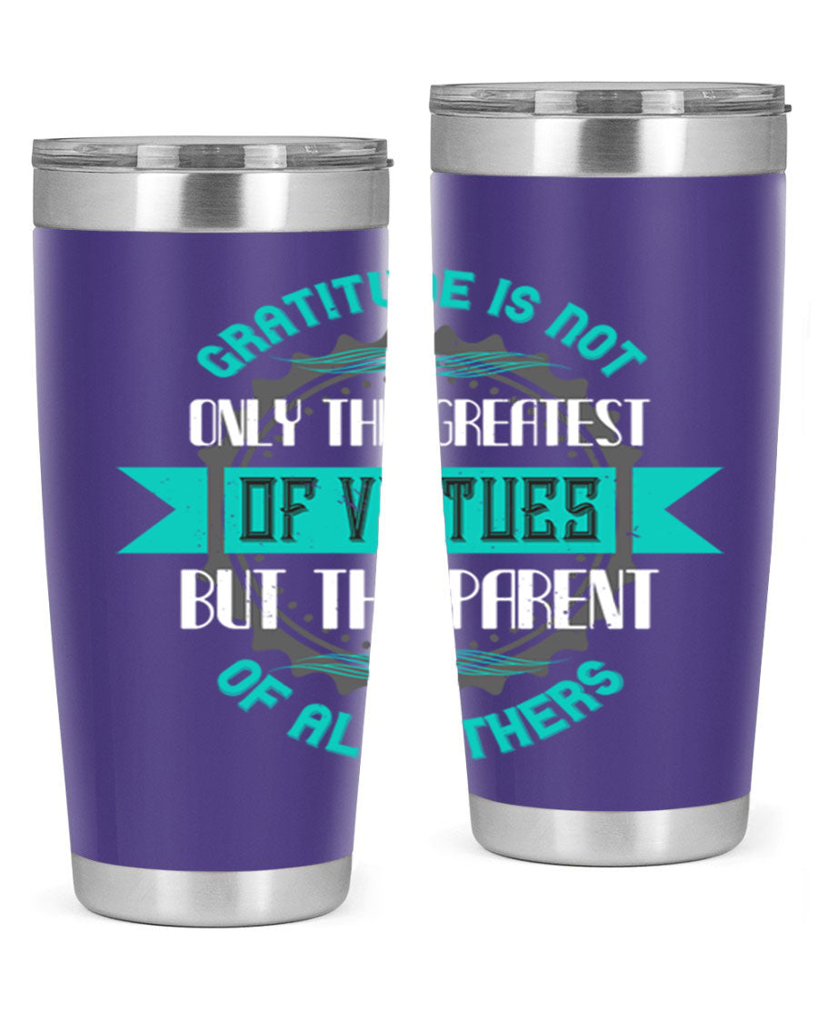 A stylish 20oz stainless steel tumbler with a gratitude quote, featuring a double wall vacuum design and a drink-thru lid.