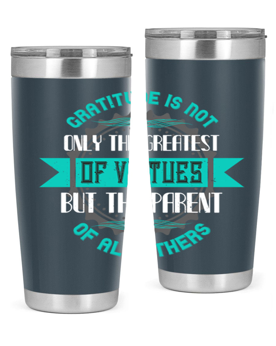 A stylish 20oz stainless steel tumbler with a gratitude quote, featuring a double wall vacuum design and a drink-thru lid.
