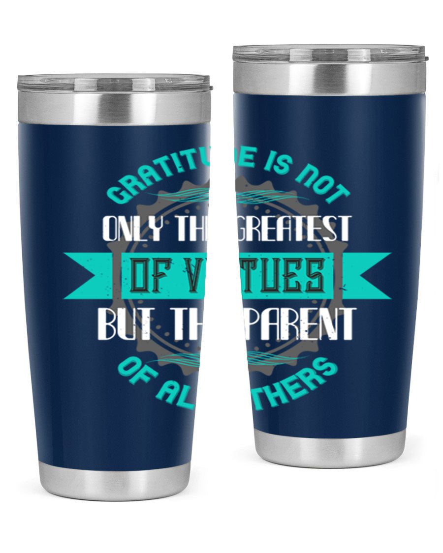 A stylish 20oz stainless steel tumbler with a gratitude quote, featuring a double wall vacuum design and a drink-thru lid.