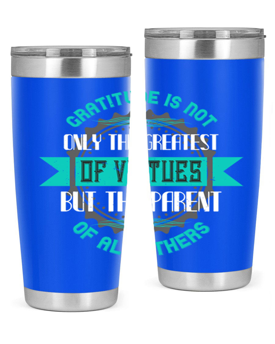 A stylish 20oz stainless steel tumbler with a gratitude quote, featuring a double wall vacuum design and a drink-thru lid.