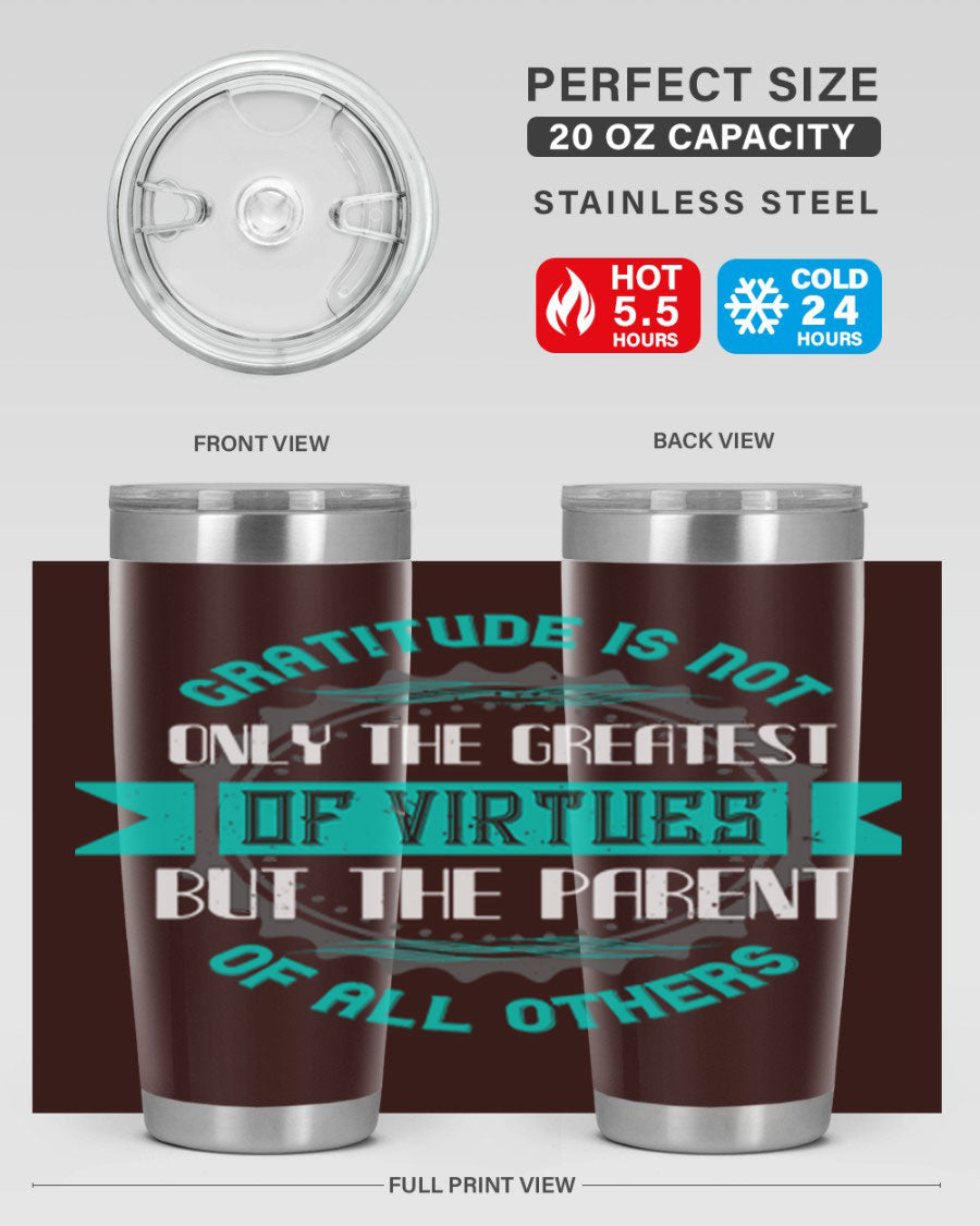 A stylish 20oz stainless steel tumbler with a gratitude quote, featuring a double wall vacuum design and a drink-thru lid.