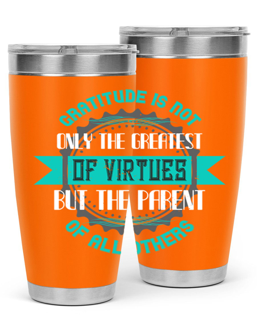A stylish 20oz stainless steel tumbler with a gratitude quote, featuring a double wall vacuum design and a drink-thru lid.