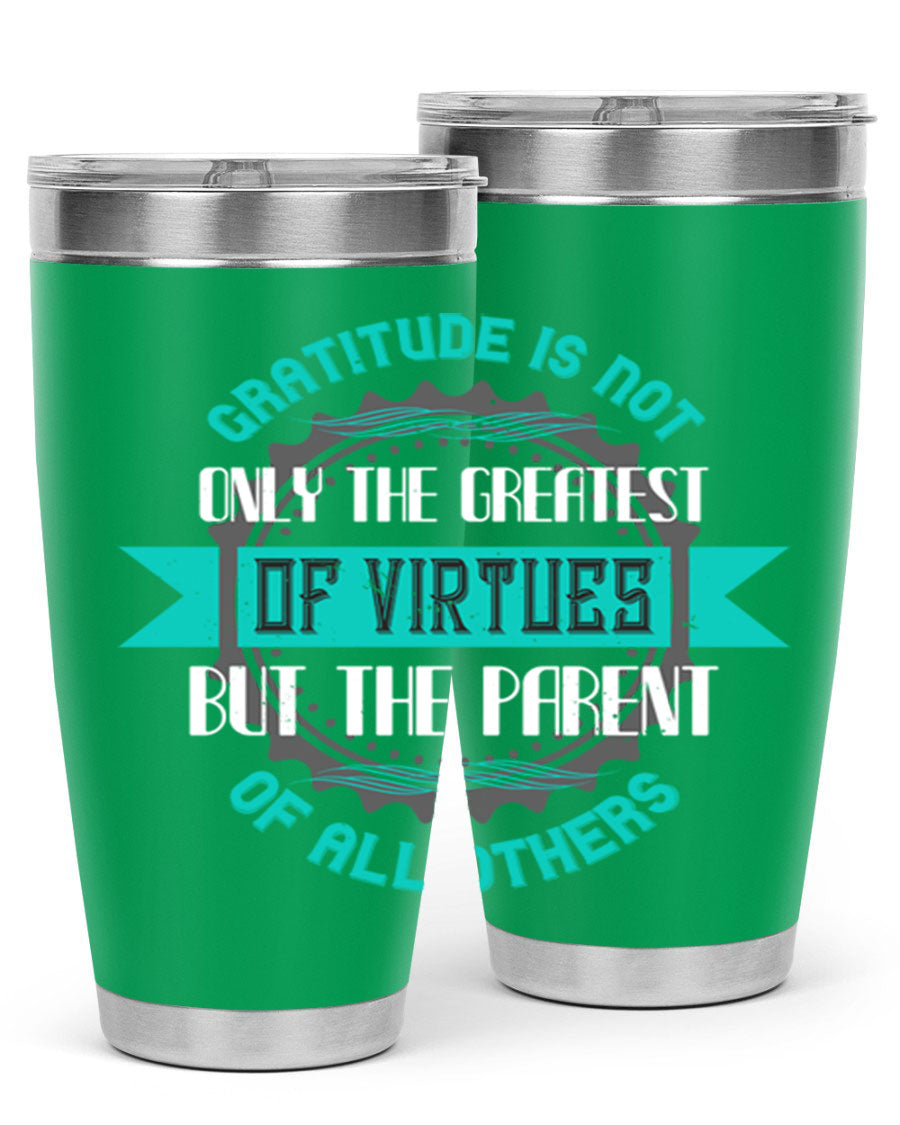 A stylish 20oz stainless steel tumbler with a gratitude quote, featuring a double wall vacuum design and a drink-thru lid.