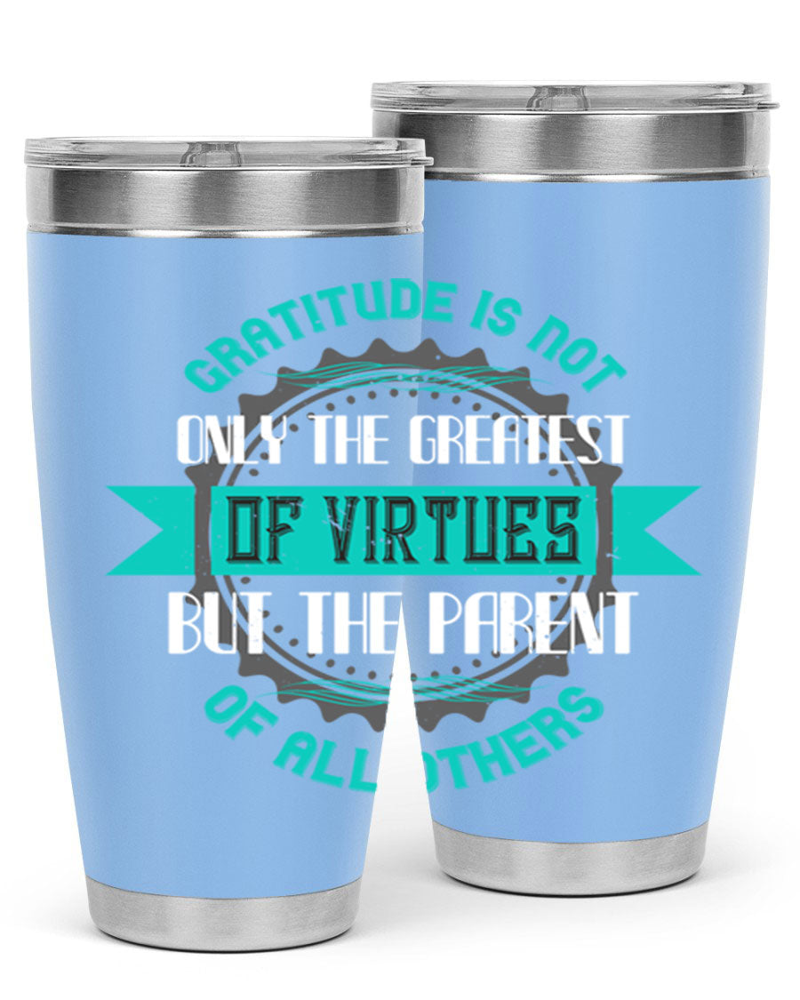A stylish 20oz stainless steel tumbler with a gratitude quote, featuring a double wall vacuum design and a drink-thru lid.