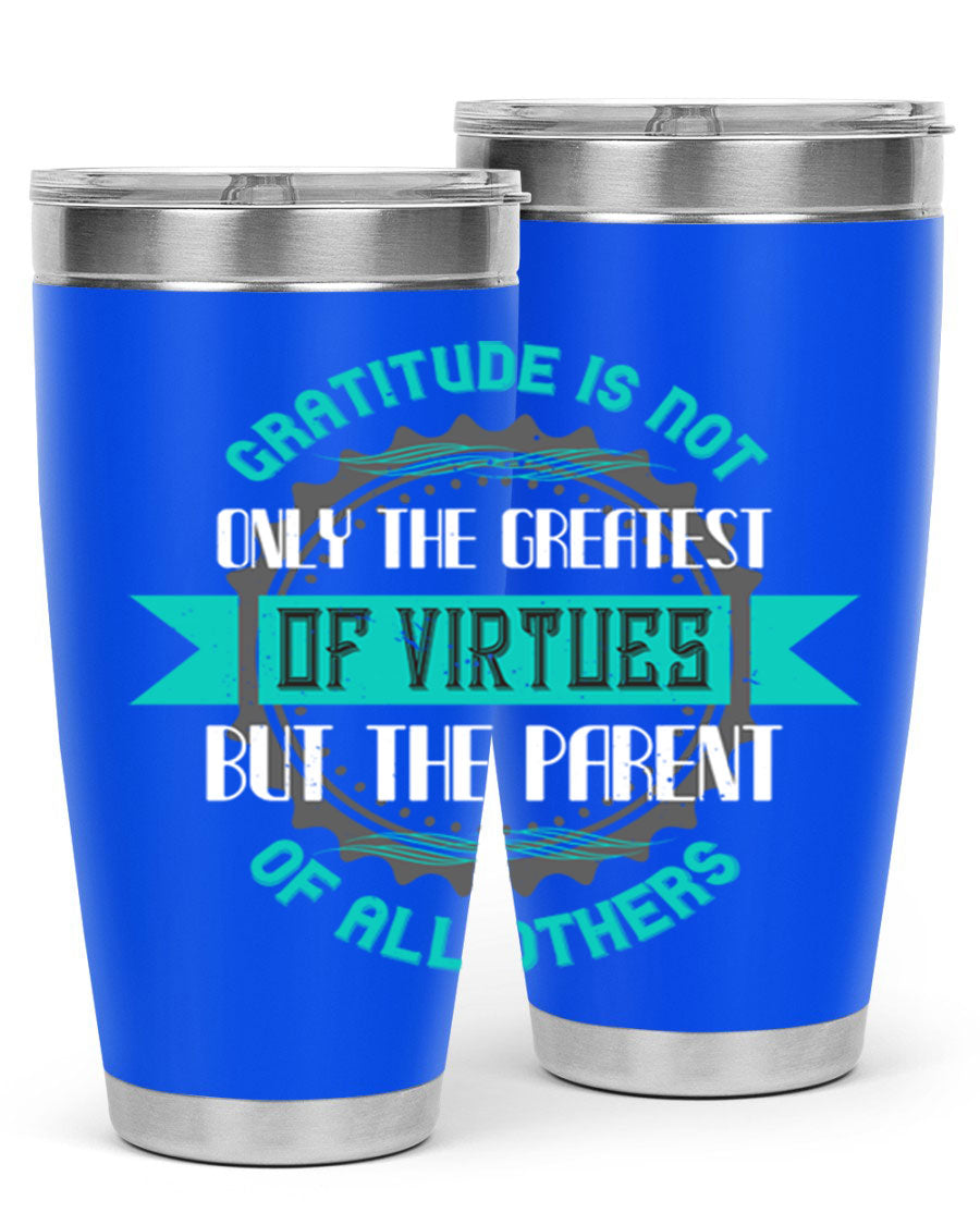 A stylish 20oz stainless steel tumbler with a gratitude quote, featuring a double wall vacuum design and a drink-thru lid.