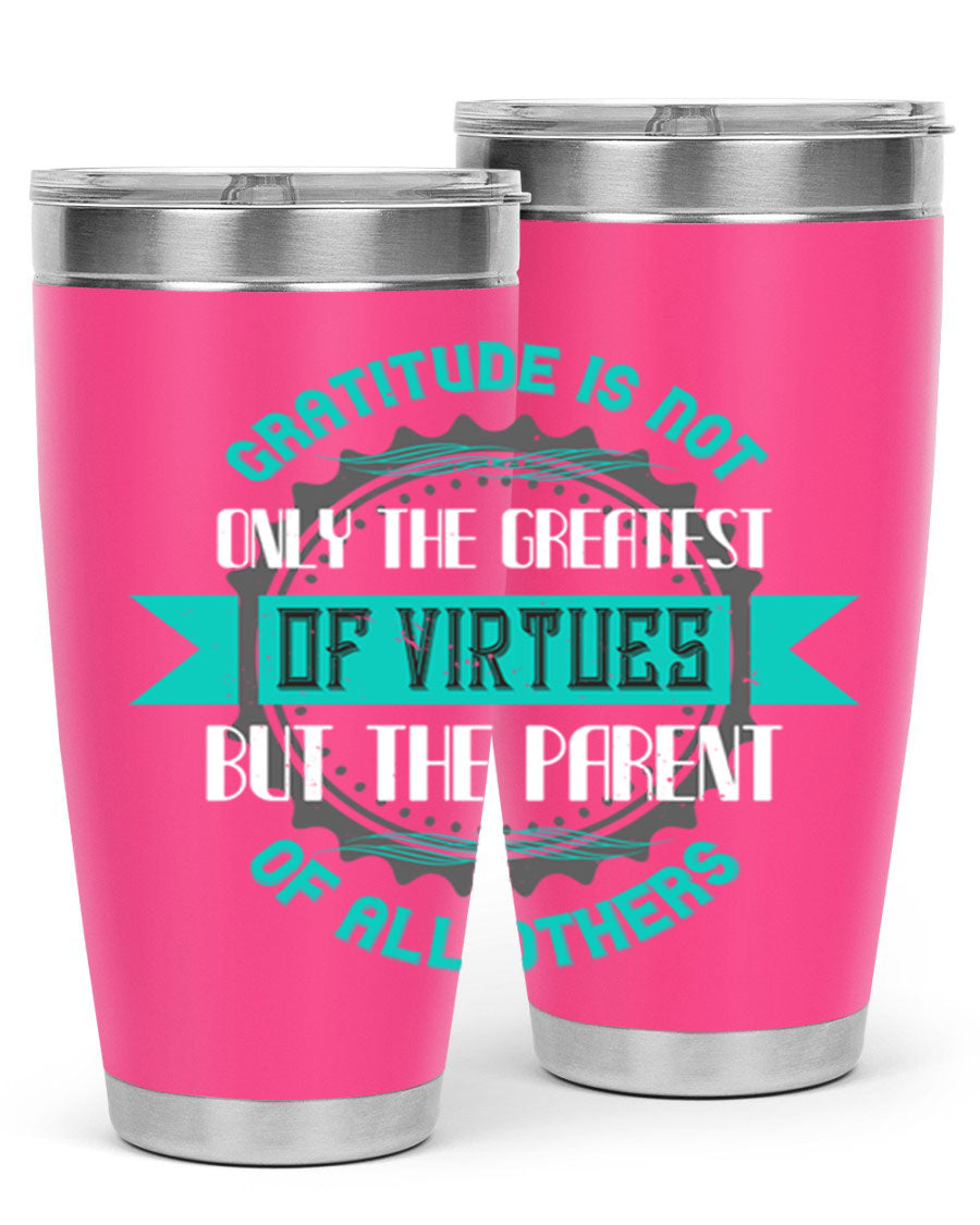 A stylish 20oz stainless steel tumbler with a gratitude quote, featuring a double wall vacuum design and a drink-thru lid.