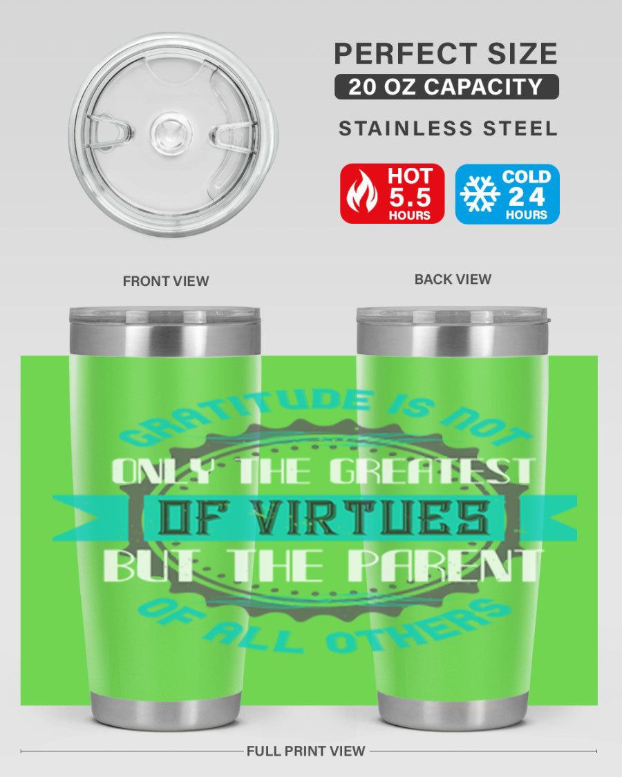 A stylish 20oz stainless steel tumbler with a gratitude quote, featuring a double wall vacuum design and a drink-thru lid.