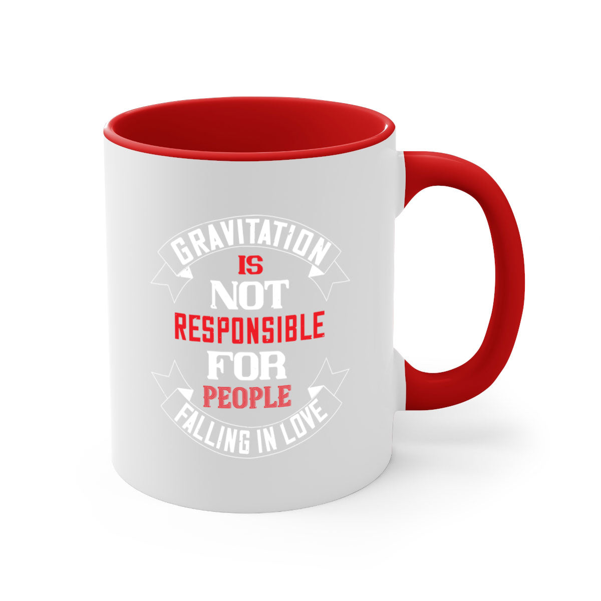 Gravitation is Not Responsible 61# Mug with colorful handle and glossy finish, available in multiple colors.