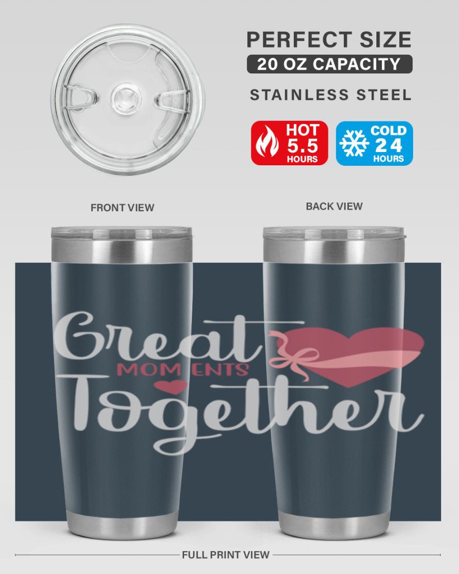 Great Mom-ents Together 20oz Tumbler in stainless steel with a drink-thru lid, showcasing its sleek design and durability.