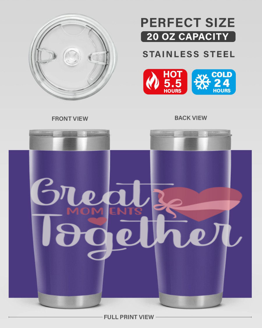 Great Mom-ents Together 20oz Tumbler in stainless steel with a drink-thru lid, showcasing its sleek design and durability.