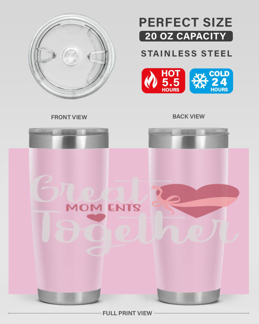 Great Mom-ents Together 20oz Tumbler in stainless steel with a drink-thru lid, showcasing its sleek design and durability.