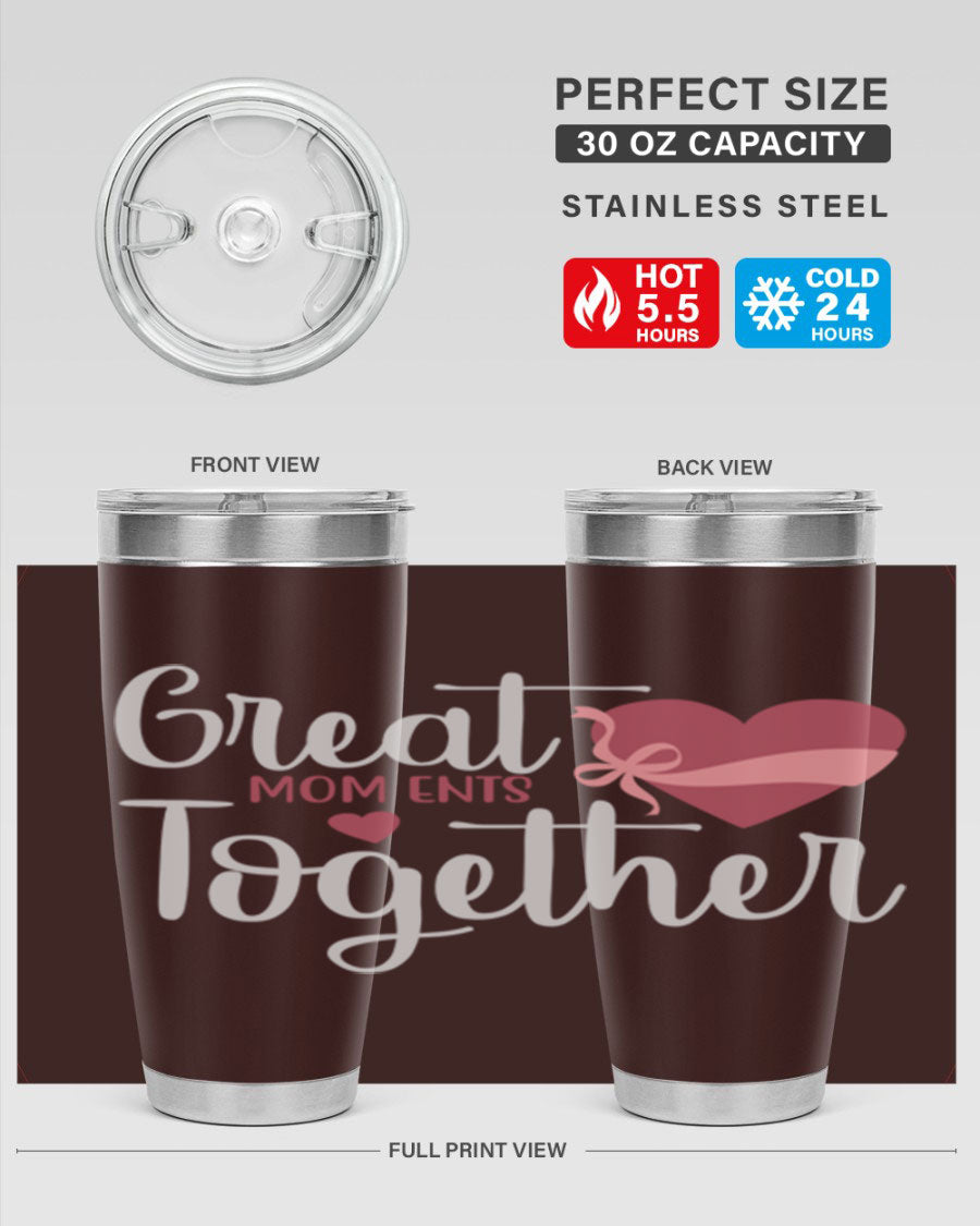 Great Mom-ents Together 20oz Tumbler in stainless steel with a drink-thru lid, showcasing its sleek design and durability.