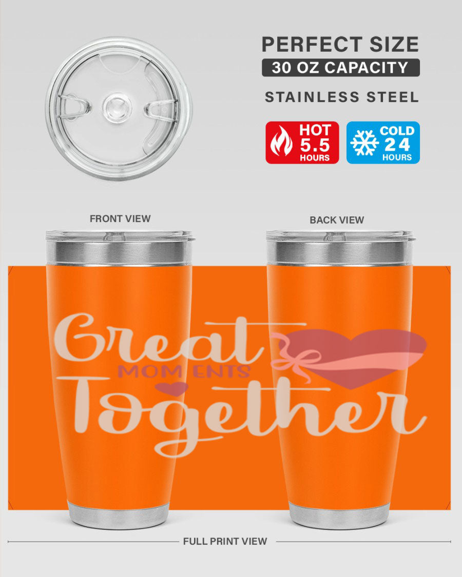 Great Mom-ents Together 20oz Tumbler in stainless steel with a drink-thru lid, showcasing its sleek design and durability.