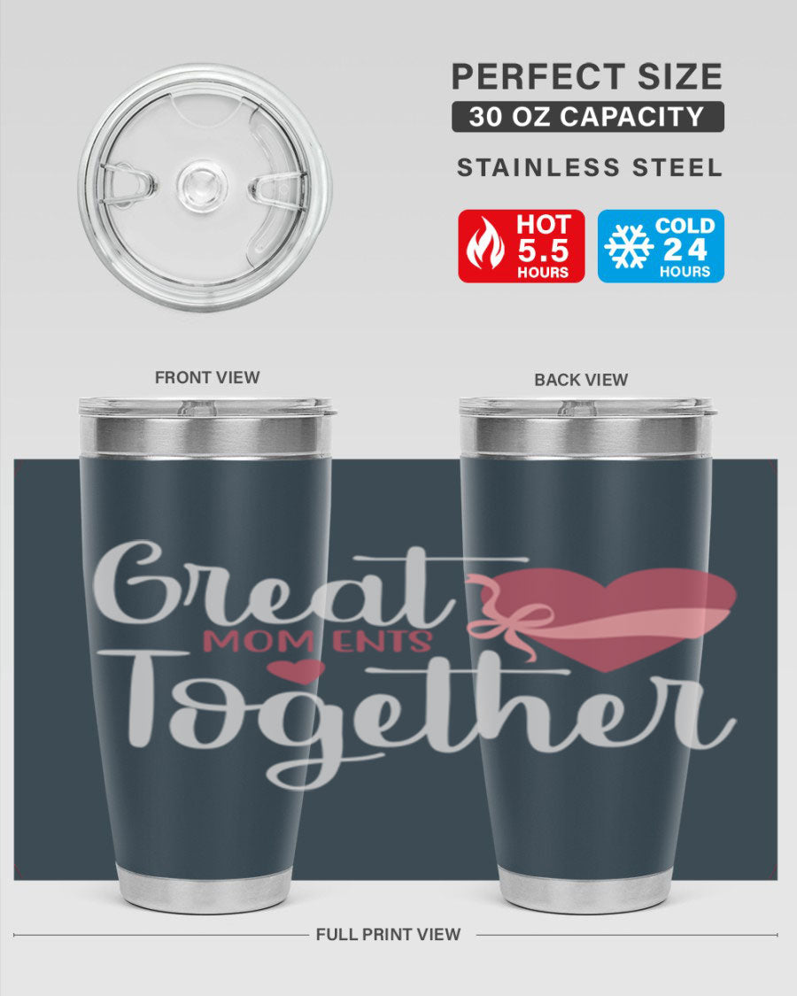 Great Mom-ents Together 20oz Tumbler in stainless steel with a drink-thru lid, showcasing its sleek design and durability.