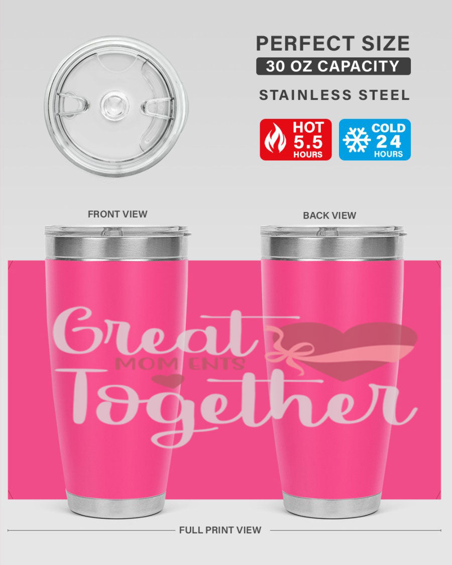 Great Mom-ents Together 20oz Tumbler in stainless steel with a drink-thru lid, showcasing its sleek design and durability.