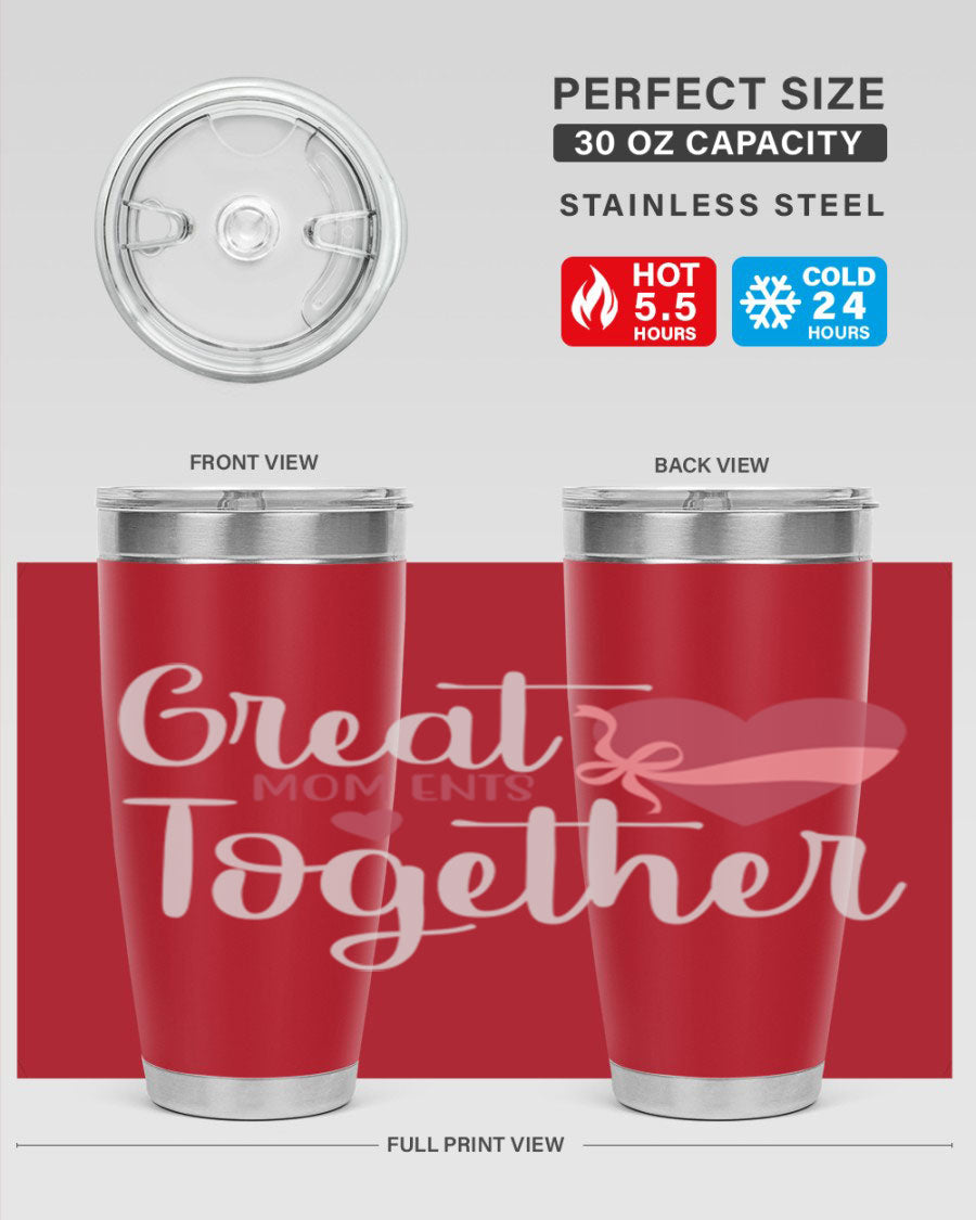 Great Mom-ents Together 20oz Tumbler in stainless steel with a drink-thru lid, showcasing its sleek design and durability.