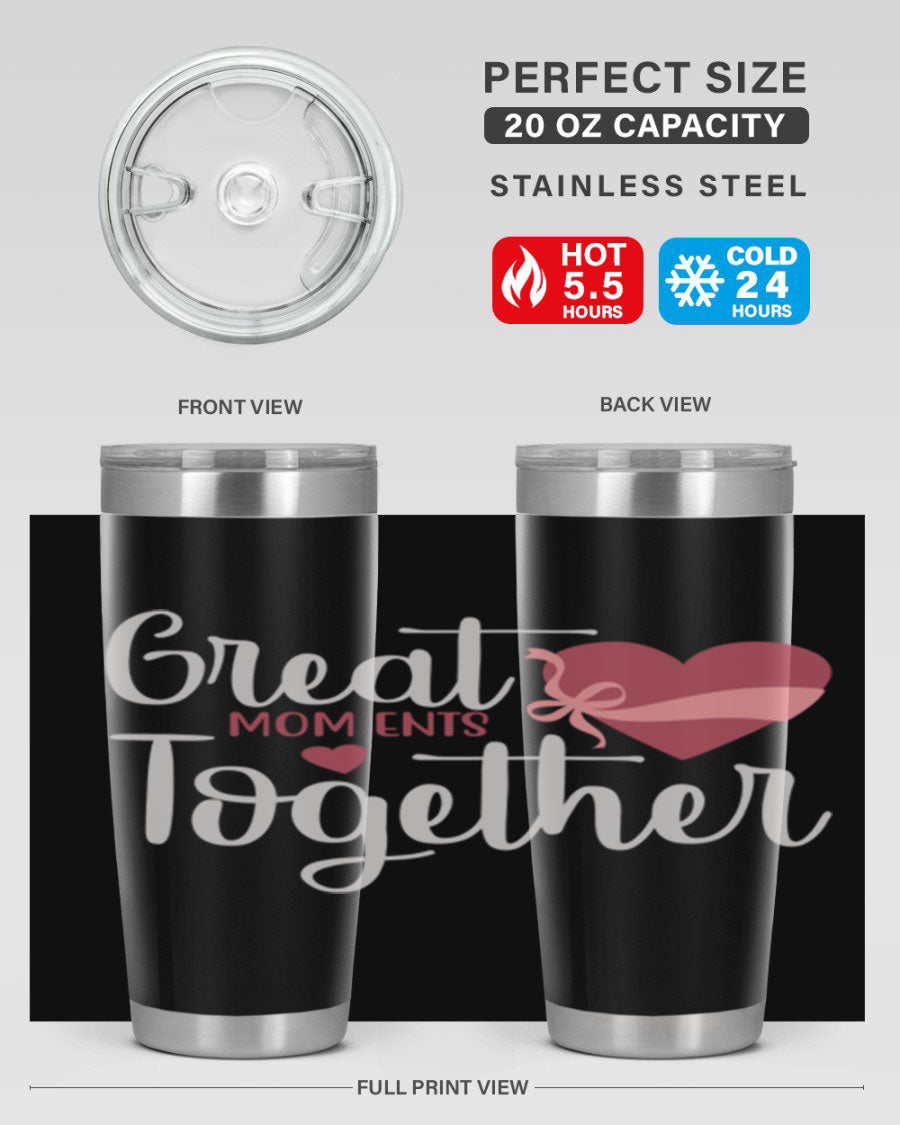 Great Mom-ents Together 20oz Tumbler in stainless steel with a drink-thru lid, showcasing its sleek design and durability.