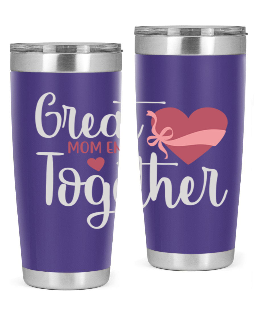 Great Mom-ents Together 20oz Tumbler in stainless steel with a drink-thru lid, showcasing its sleek design and durability.