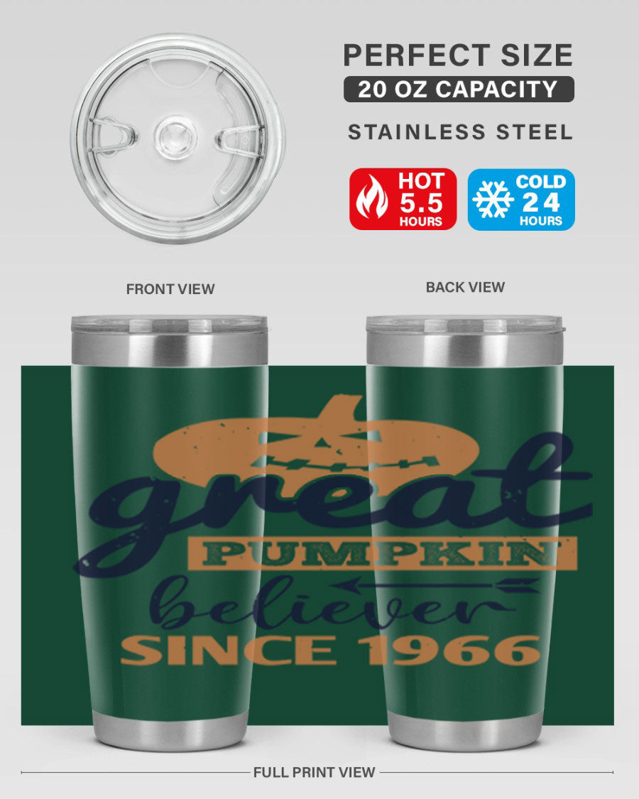 Great Pumpkin Believer Tumbler featuring a vibrant design, available in 20oz and 30oz sizes, made from stainless steel.