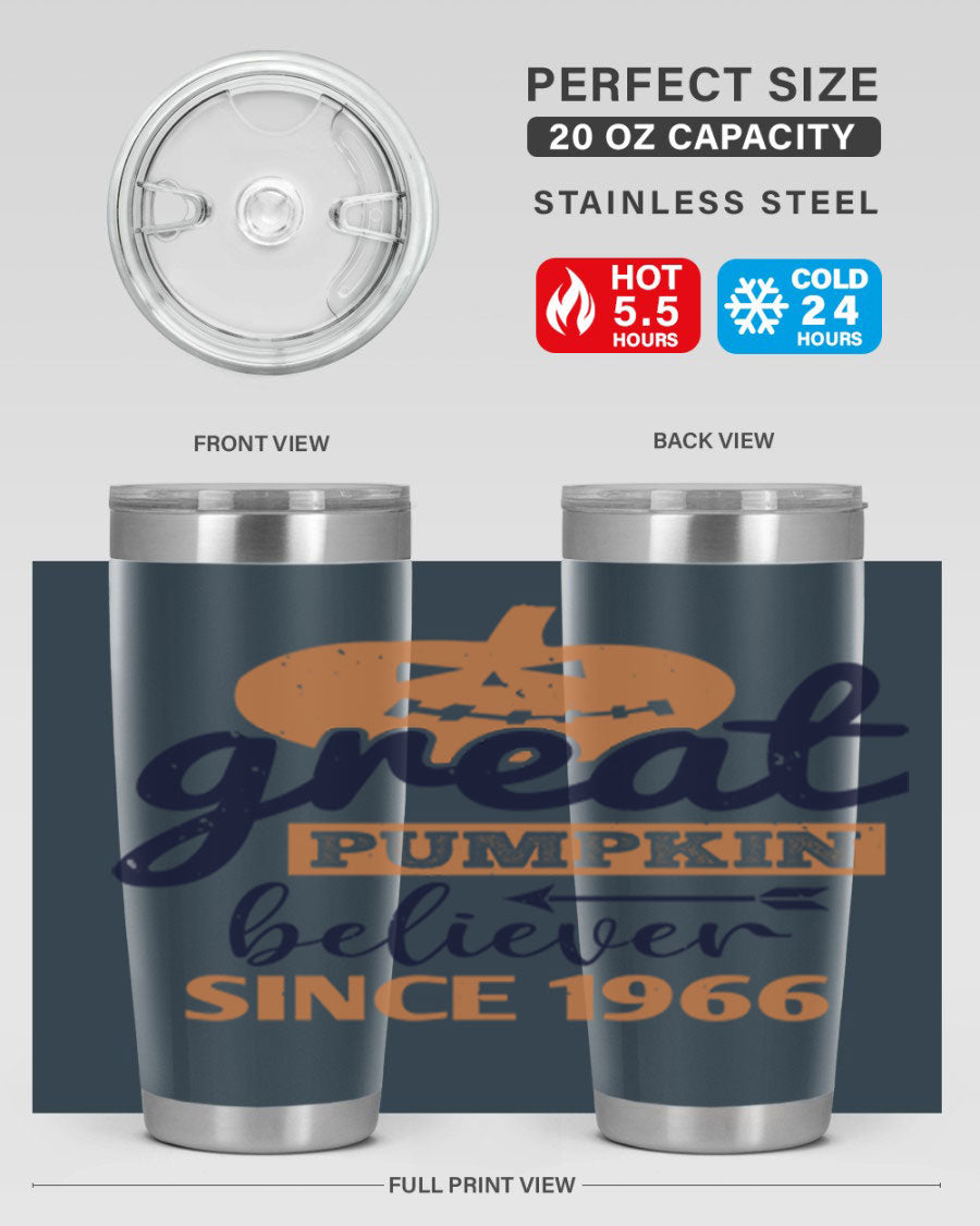 Great Pumpkin Believer Tumbler featuring a vibrant design, available in 20oz and 30oz sizes, made from stainless steel.