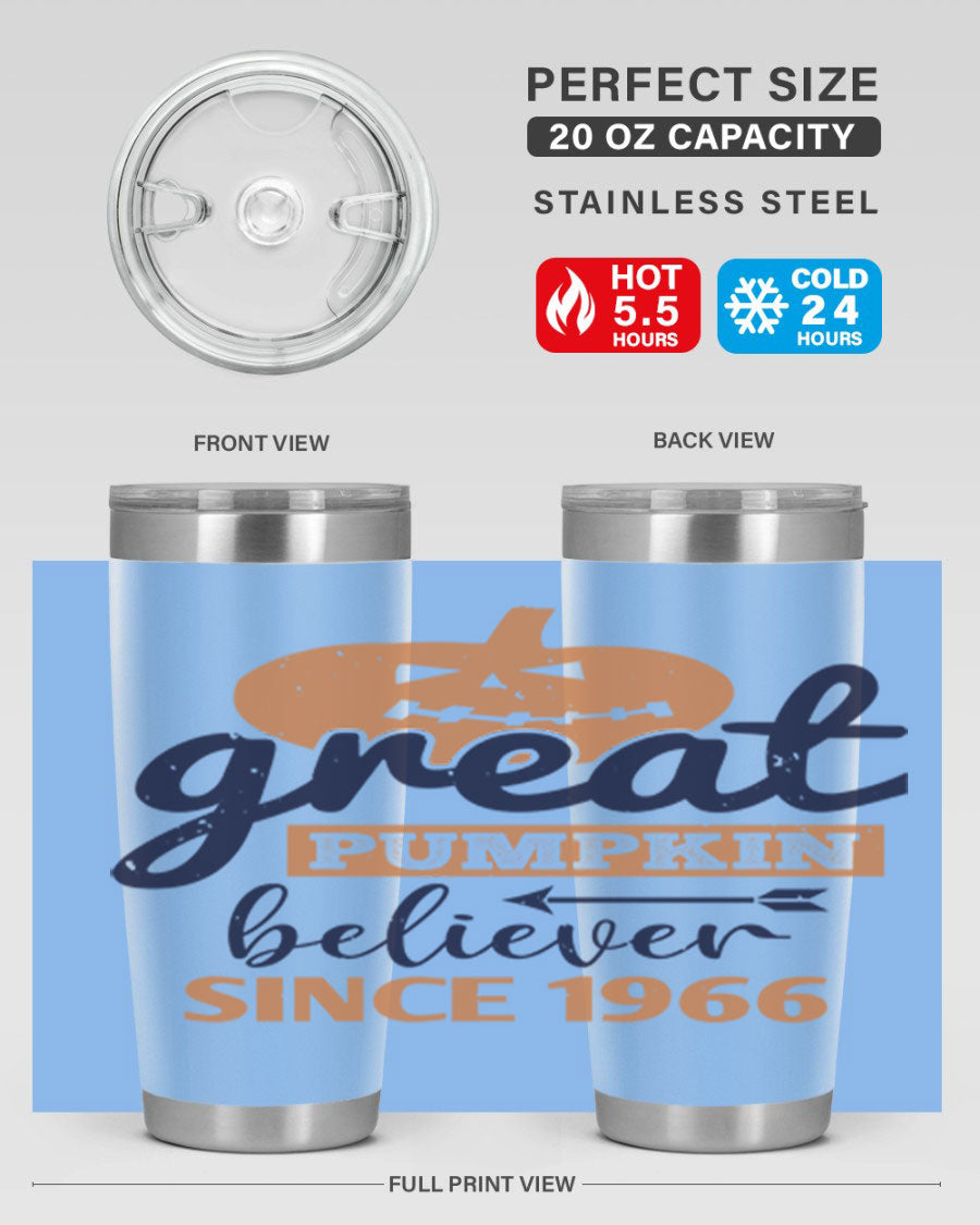 Great Pumpkin Believer Tumbler featuring a vibrant design, available in 20oz and 30oz sizes, made from stainless steel.
