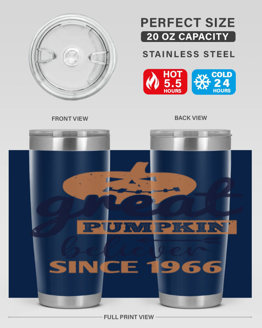Great Pumpkin Believer Tumbler featuring a vibrant design, available in 20oz and 30oz sizes, made from stainless steel.