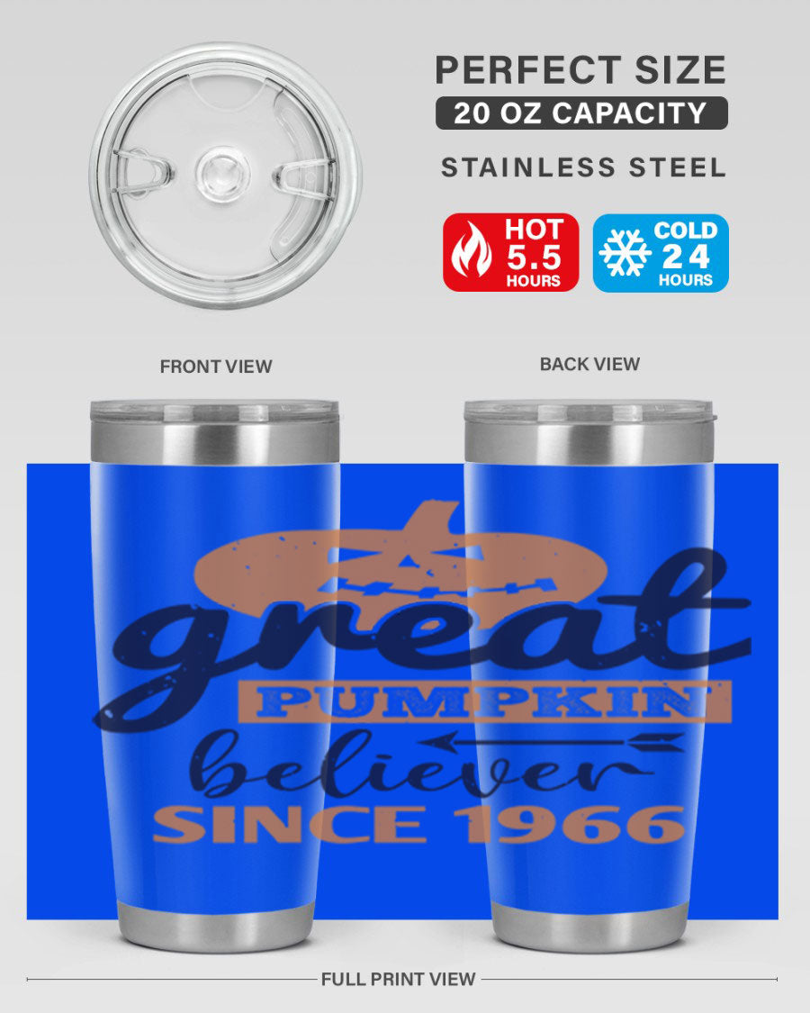 Great Pumpkin Believer Tumbler featuring a vibrant design, available in 20oz and 30oz sizes, made from stainless steel.